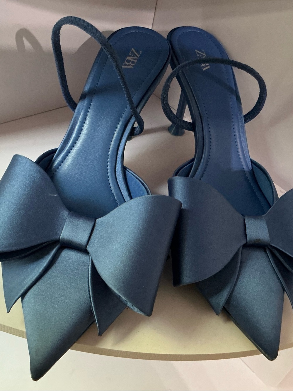 Zara Dark Blue Bow Pointed-Toe Slingback Heels